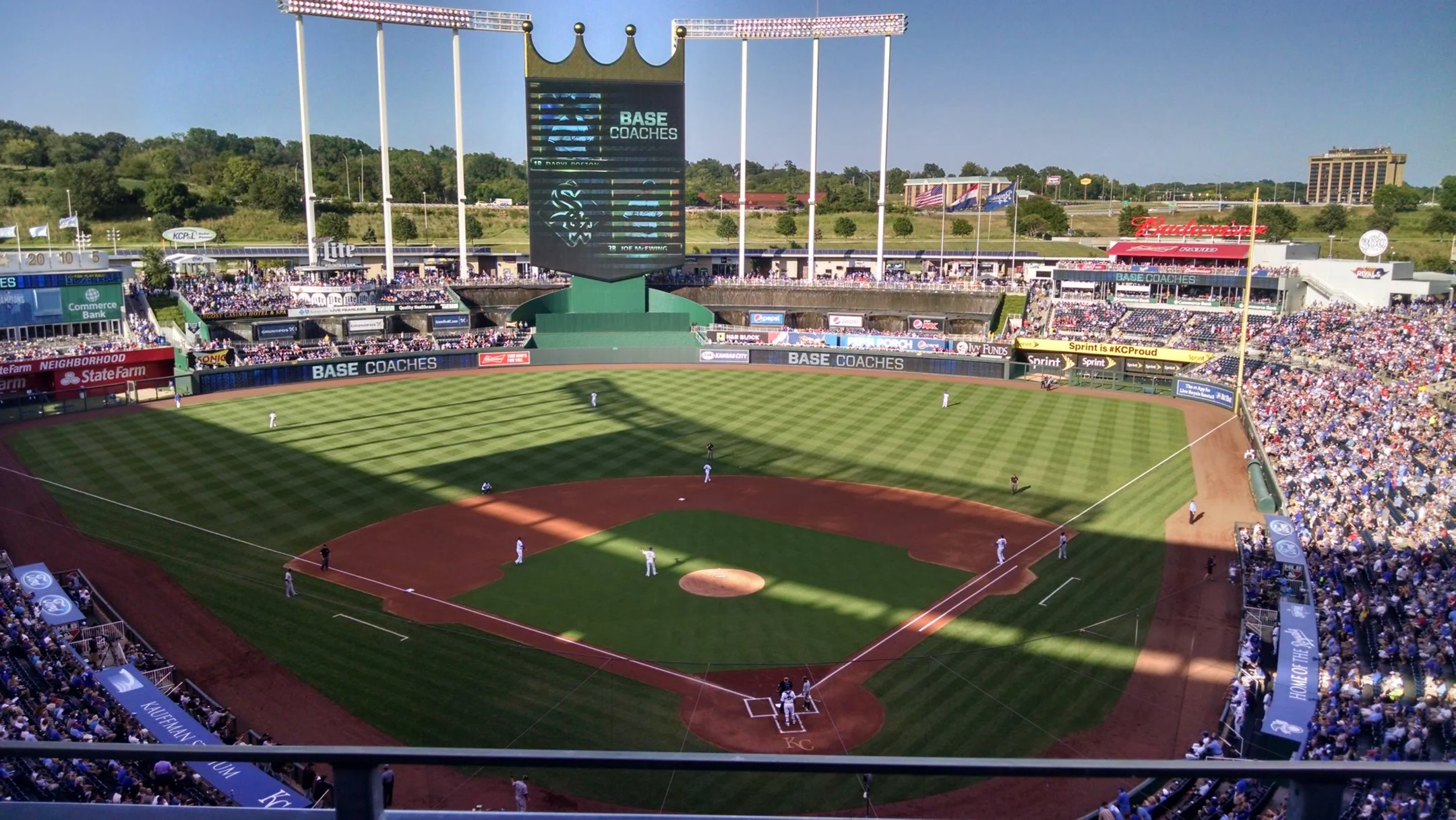 Shadows cast onto Kauffman Stadium field and seats