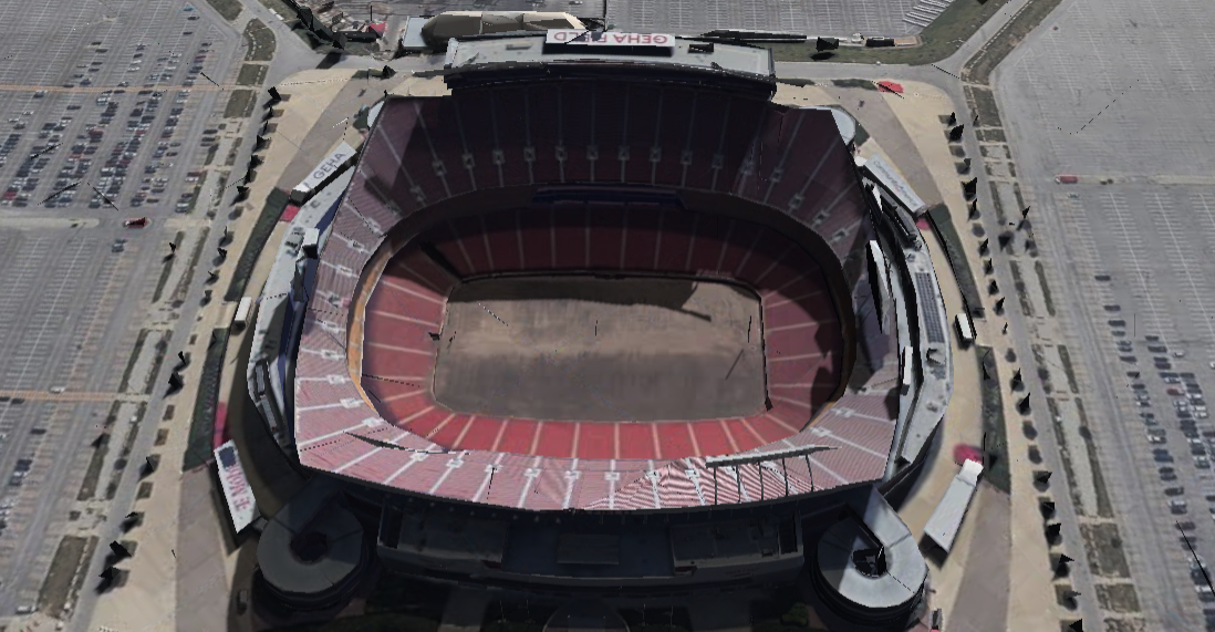 GEHA Field at Arrowhead Stadium 3D shade map showing shaded seats and sun position