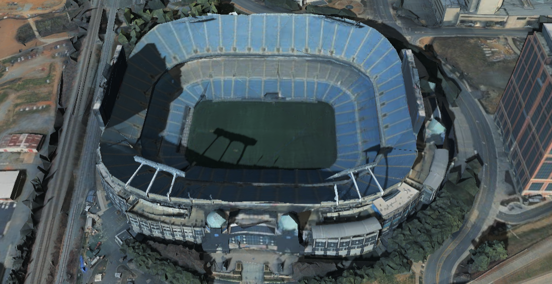 Bank of America Stadium 3D shade map showing shaded seats and sun position