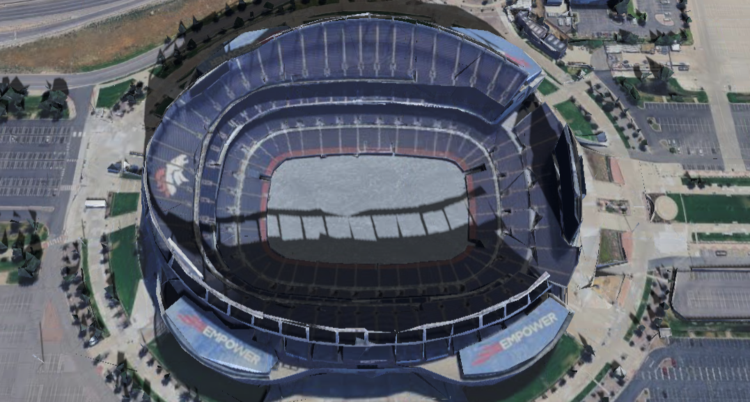 Empower Field at Mile High 3D shade map showing shaded seats and sun position