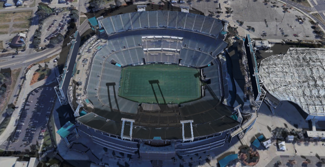 EverBank Stadium 3D shade map showing shaded seats and sun position