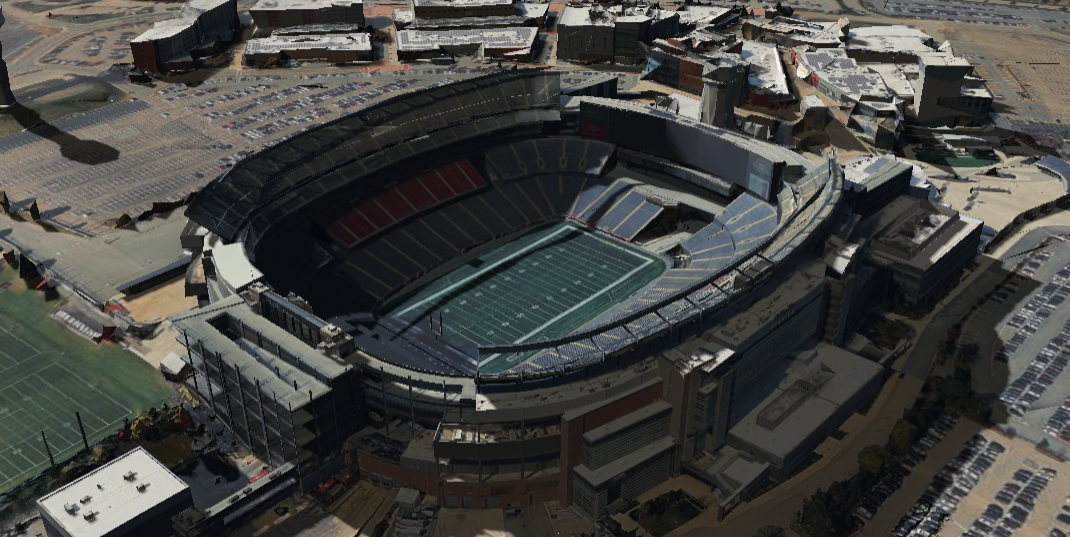 Gillette Stadium 3D shade map showing shaded seats and sun position