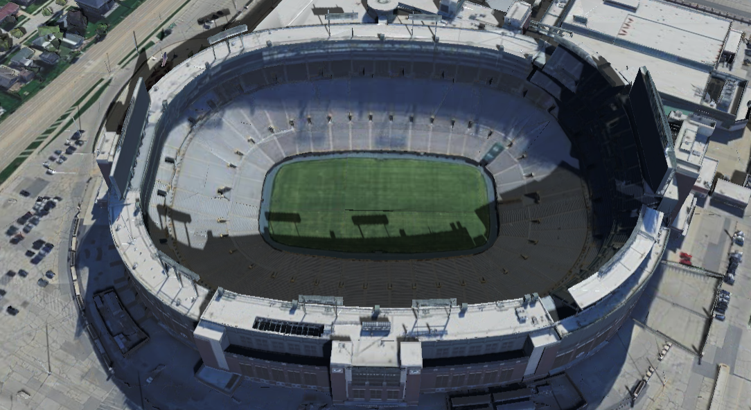 Lambeau Field 3D shade map showing shaded seats and sun position