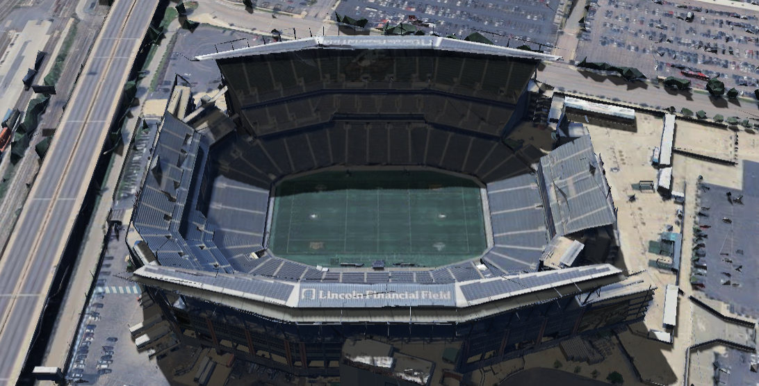 Lincoln Financial Field 3D shade map showing shaded seats and sun position