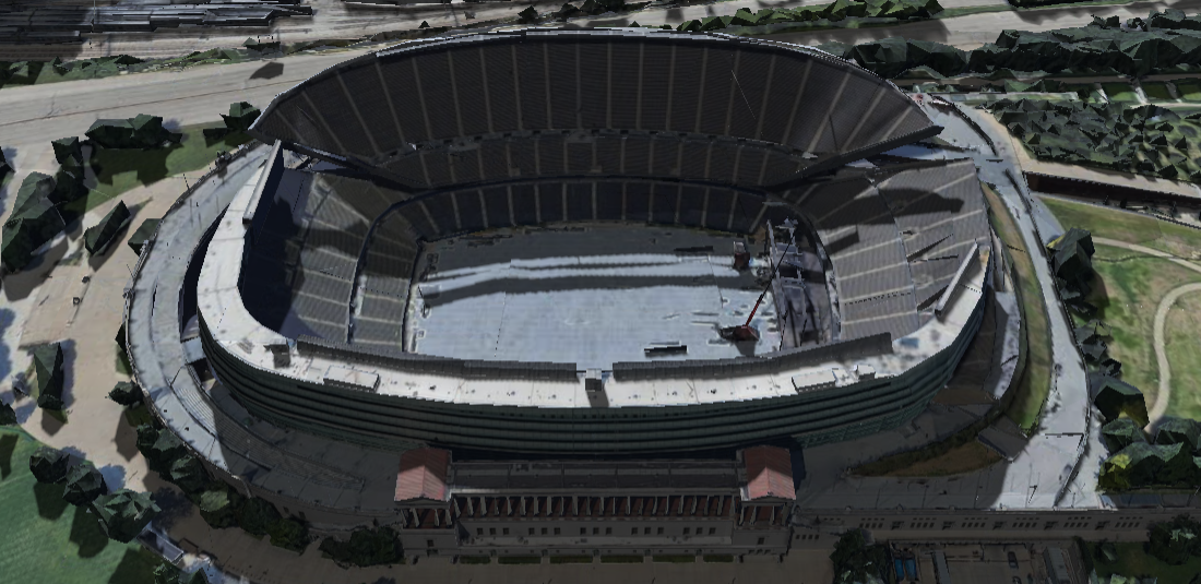 Soldier Field 3D shade map showing shaded seats and sun position